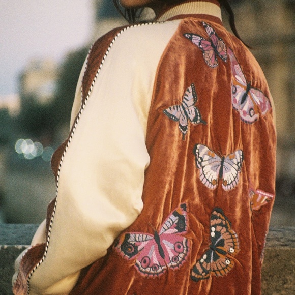 Free People Velvet Embroidered Butterfly Bomber Jacket - Picture 1 of 3